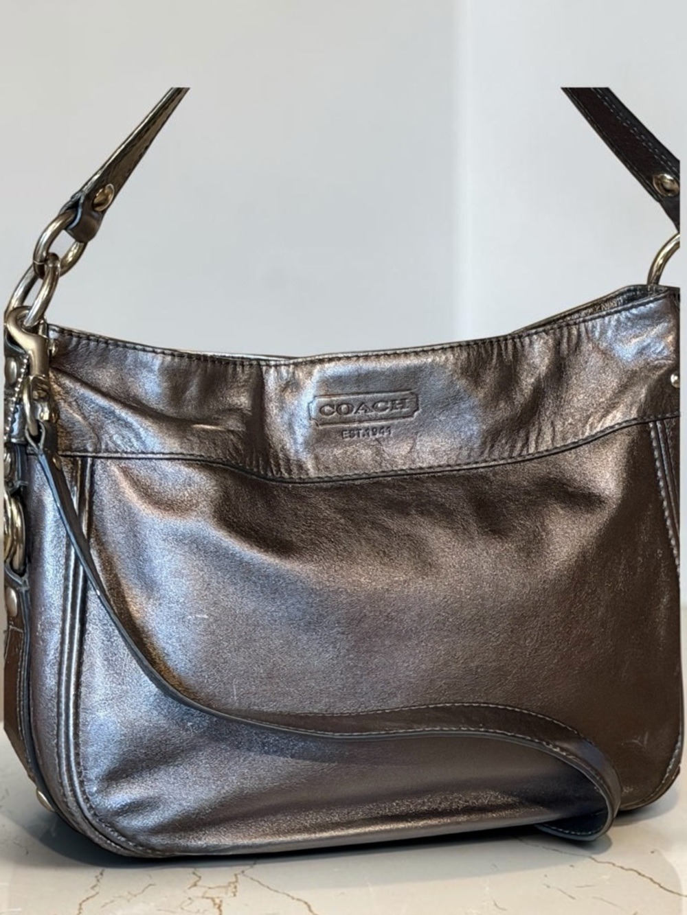 Coach Silver Metallic Leather Hobo Bag F14707 - Picture 2 of 16
